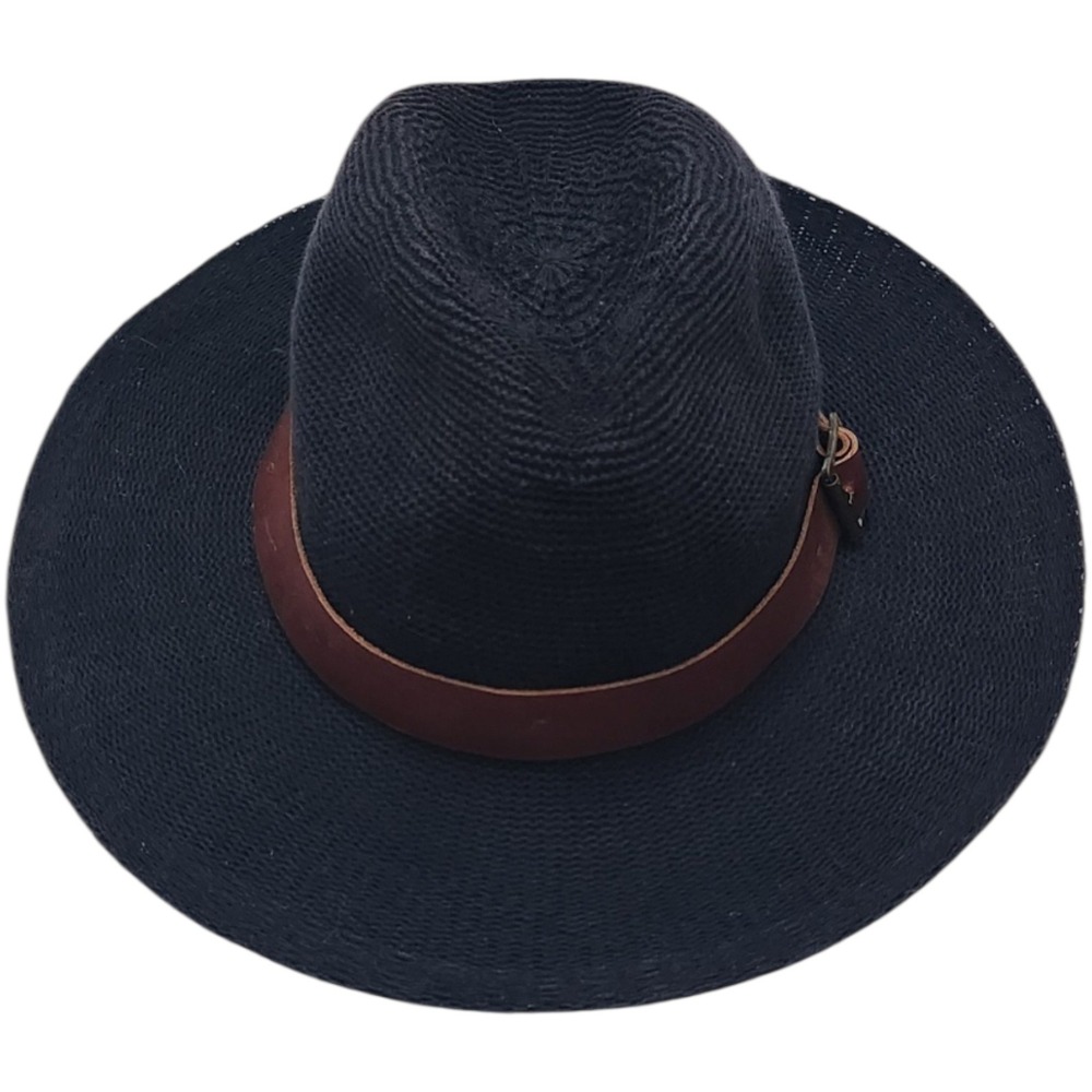 Goorin Bros Navy Blue Straw Fedora Hat Brown Leather Band Medium 100-8987